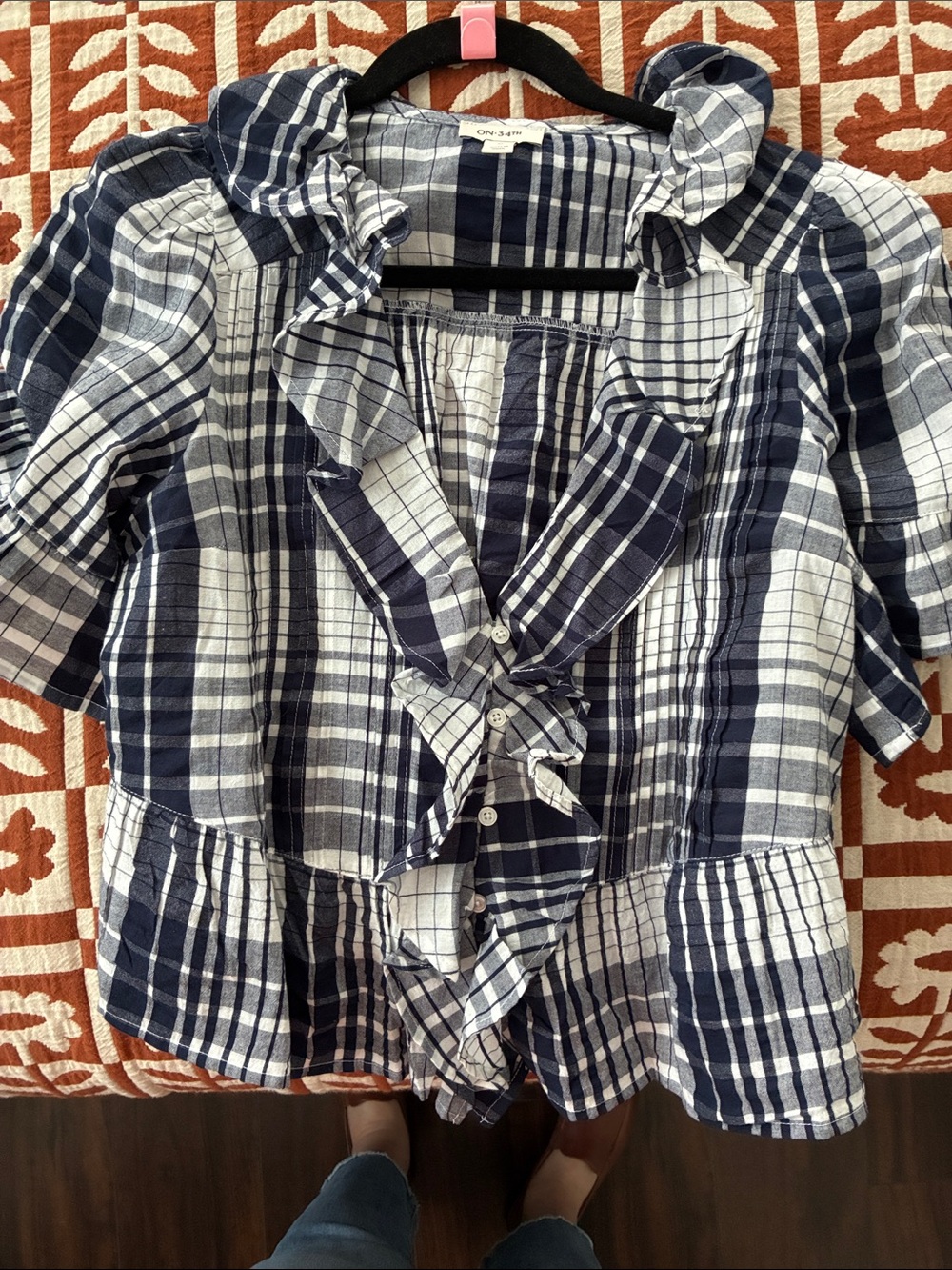 Girls Navy Plaid Ruffle Button-Front Blouse